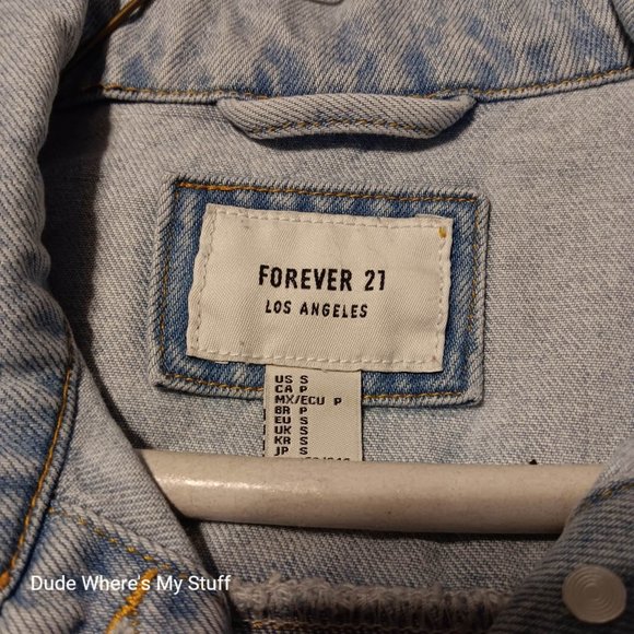FOREVER 21 - LOS ANGELES - CROPPED JEAN JACKET - WOMEN'S SIZE S - DISTRESSED - Picture 3 of 4